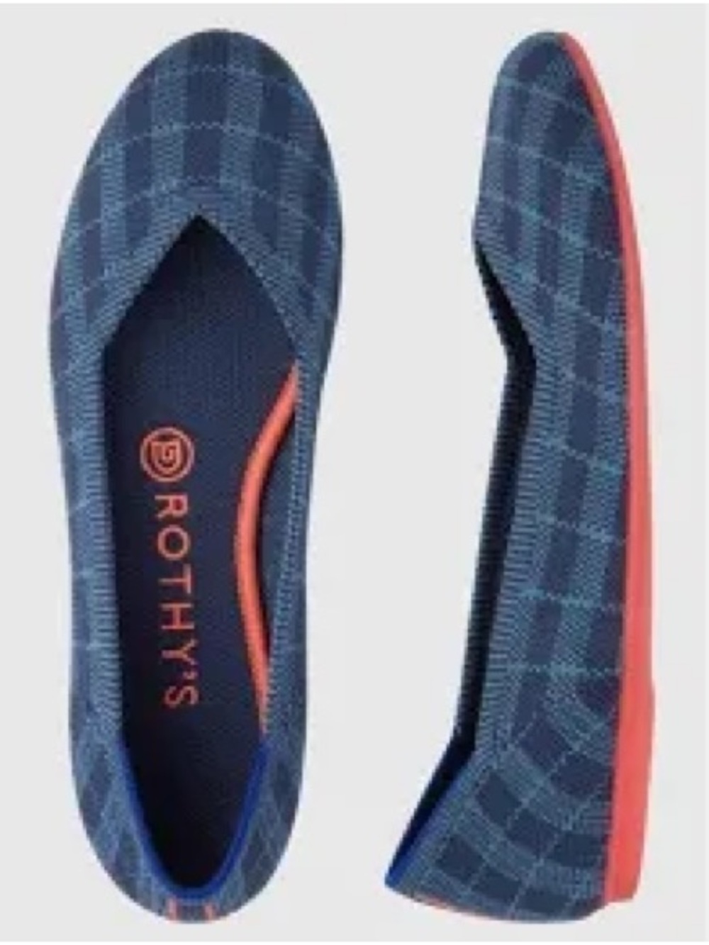 Rothy's Navy Plaid Ballet Flat with Coral Accent Sole